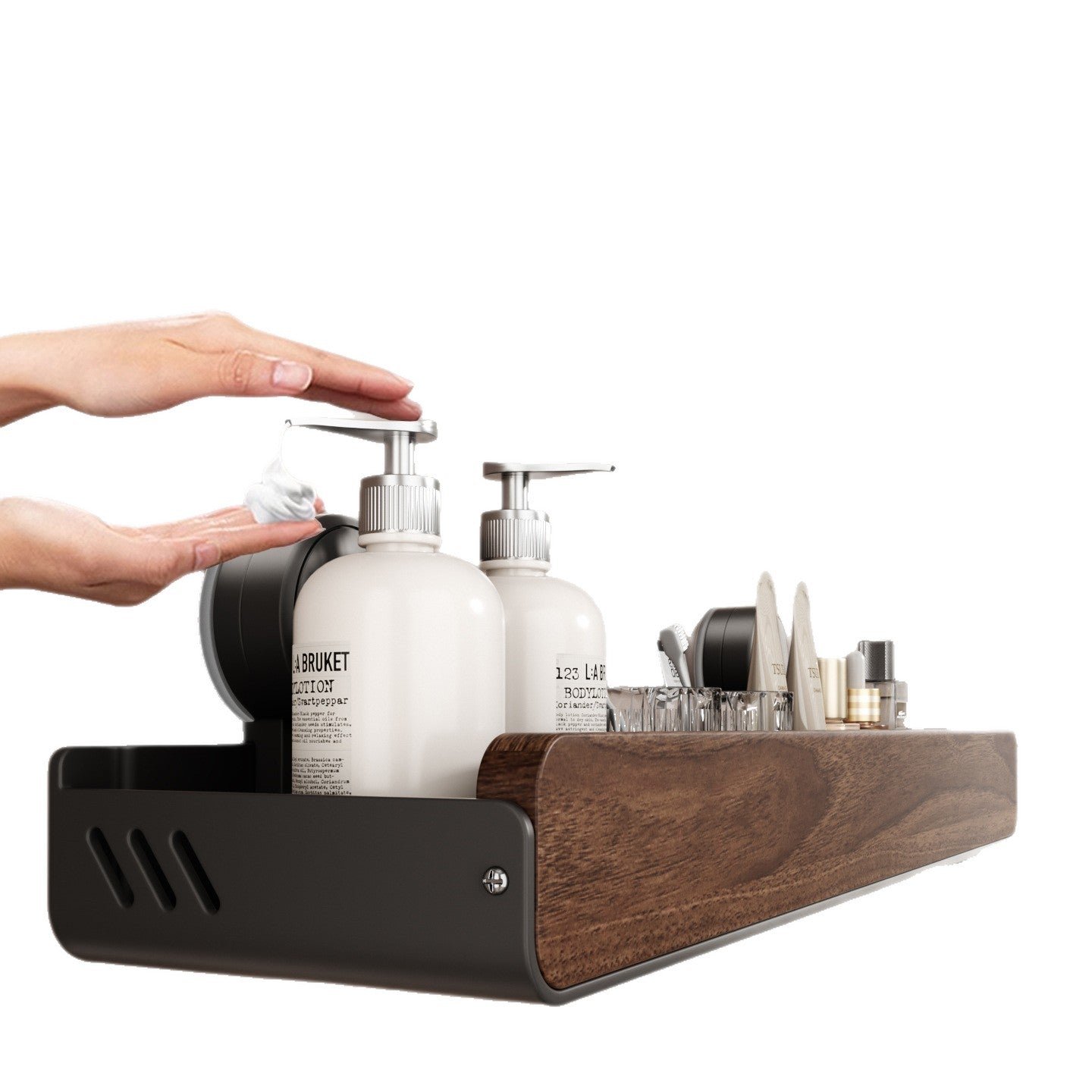 luxe wandplank van walnoothout met handdoekstang